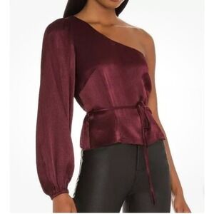 Minkpink Women's Nador One Shoulder Top Elastic Cuff Tie Waist Size XS Wine NWT
